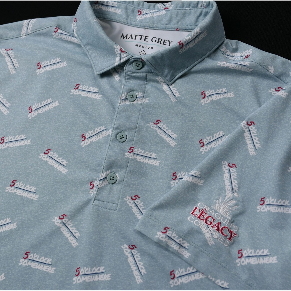 Matte Grey Polo Shirt Mens Medium 5 O'Clock Somewhere Golf Performance Blue